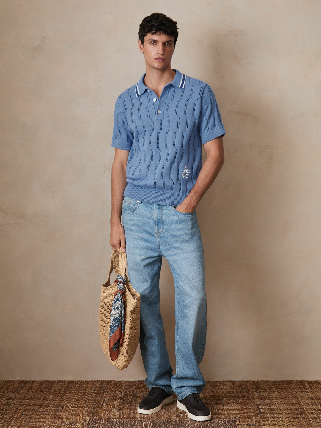 | Ché Cotton Pointelle Polo Shirt in Blue | Reiss Men Popular