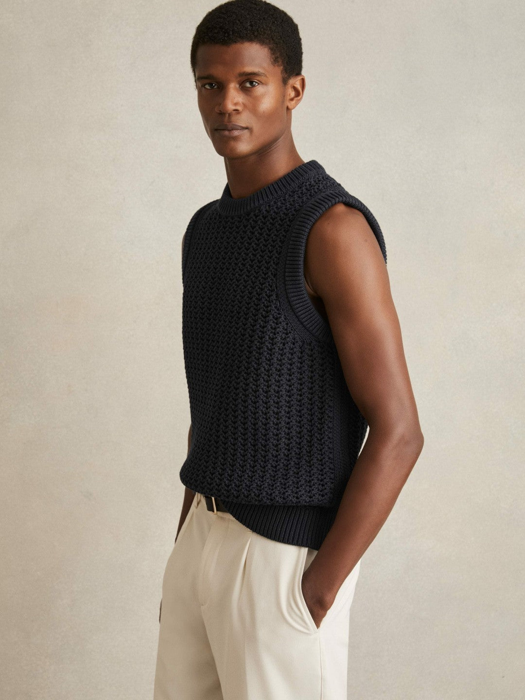 Cotton-Blend Crochet Vest in Navy | Reiss Men Popular