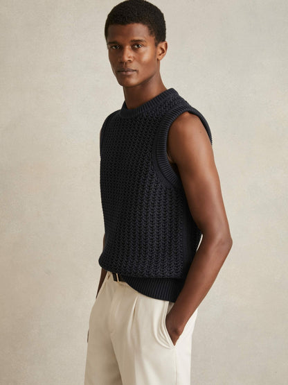 Cotton-Blend Crochet Vest in Navy | Reiss Men Popular