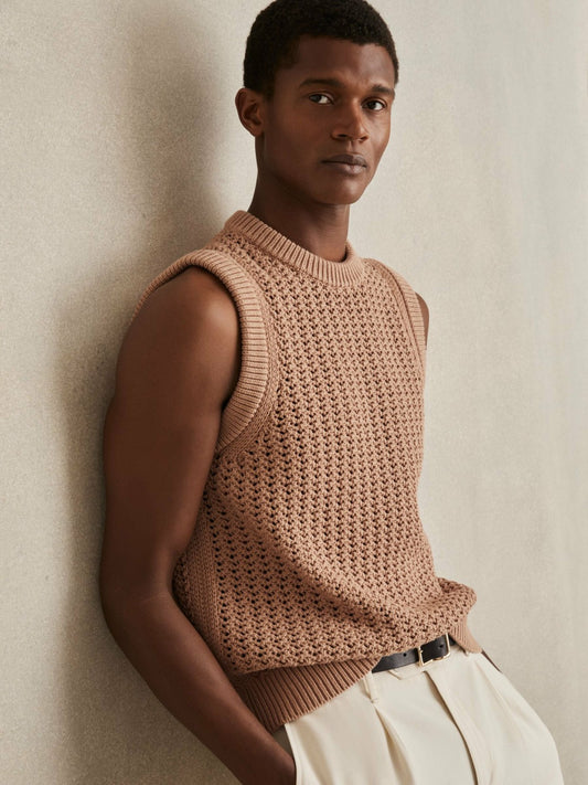 Cotton-Blend Crochet Vest in Soft Camel | Reiss Men New