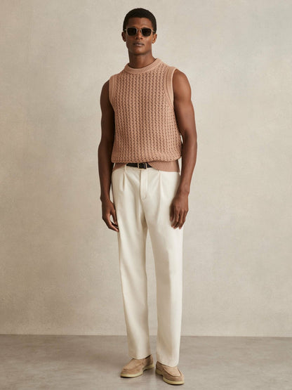 Cotton-Blend Crochet Vest in Soft Camel | Reiss Men New