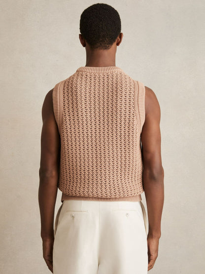 Cotton-Blend Crochet Vest in Soft Camel | Reiss Men New