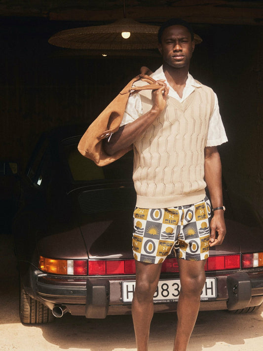 | Ché Sunset-Print Swim Shorts in Olive Green | Reiss Men Exclusive