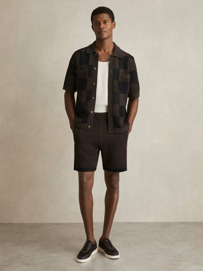 Cotton-Blend Crochet Shorts in Chocolate/Navy | Reiss Men Premium