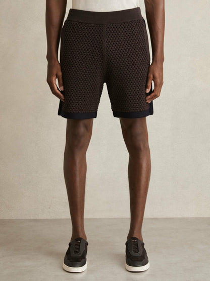 Cotton-Blend Crochet Shorts in Chocolate/Navy | Reiss Men Premium