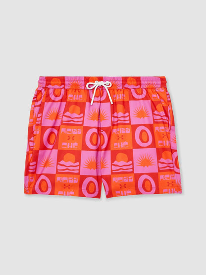 | Ché Sunset-Print Swim Shorts in Orange/Pink | Reiss Men Recommended