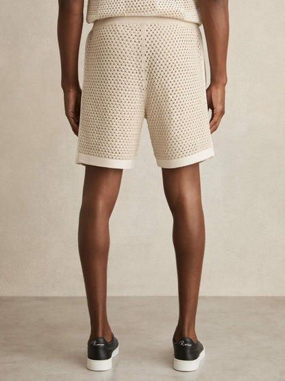 Cotton-Blend Crochet Shorts in Taupe/Off White | Reiss Men Premium