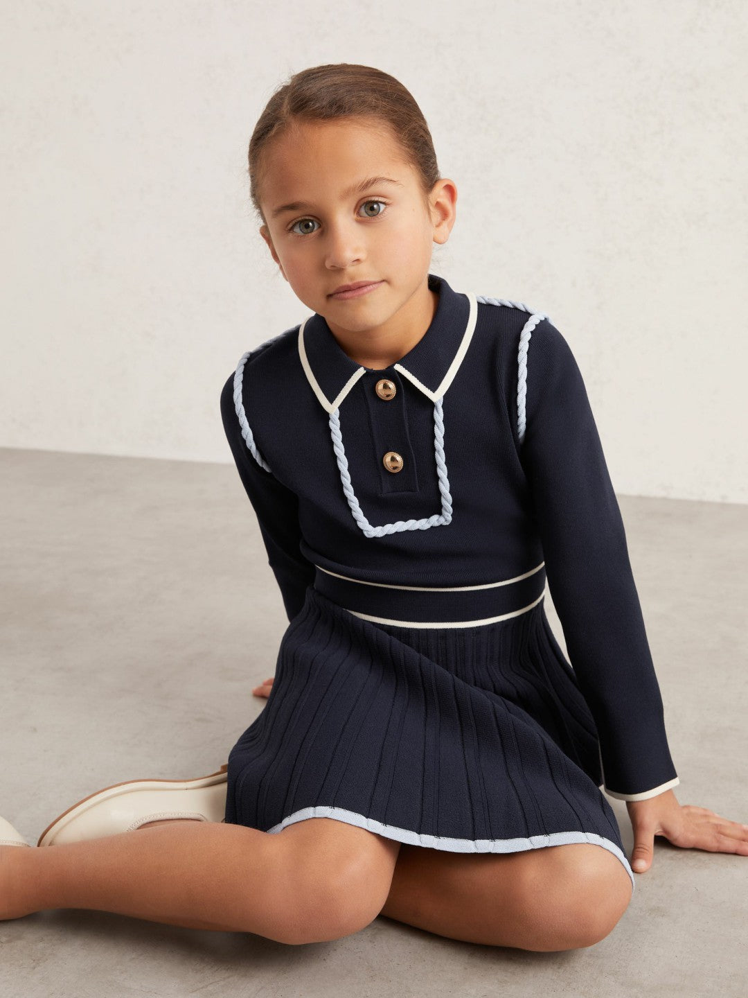 13-14 yrs Piped Knitted Skater Dress in Navy | Reiss Children & Baby New