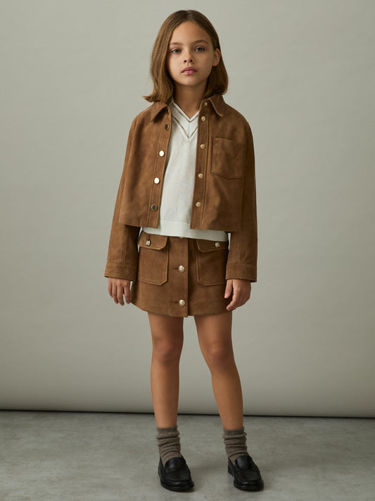 4-9 yrs Suede Cropped Jacket in Tan | Reiss Children & Baby Featured