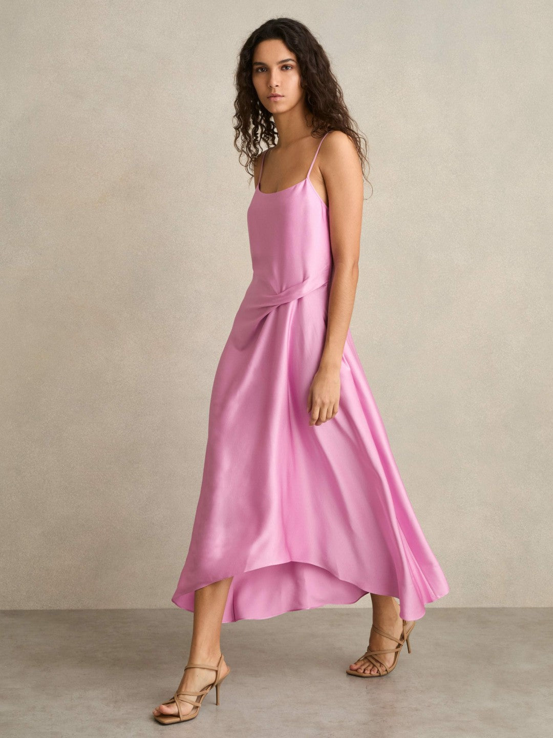 Satin Drape-Detail Slip Dress in Pink | Reiss Women Exclusive