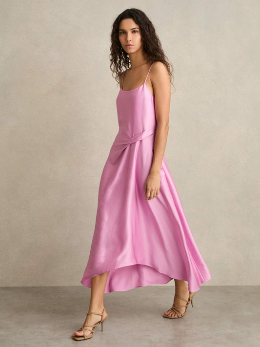 Satin Drape-Detail Slip Dress in Pink | Reiss Women Exclusive