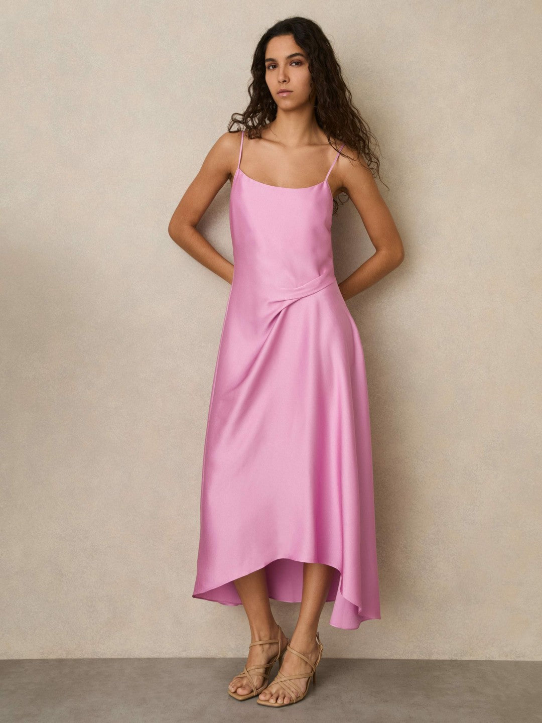 Satin Drape-Detail Slip Dress in Pink | Reiss Women Exclusive
