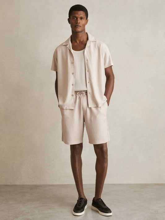 Textured-Knit Cuban-Collar Shirt in Champagne | Reiss Men Popular