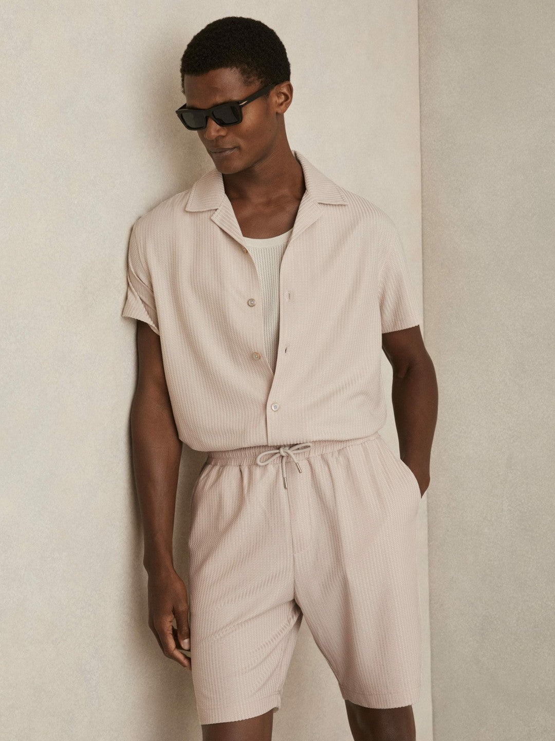 Textured-Knit Cuban-Collar Shirt in Champagne | Reiss Men Popular