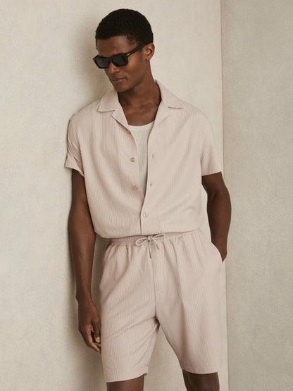 Textured-Knit Cuban-Collar Shirt in Champagne | Reiss Men Popular