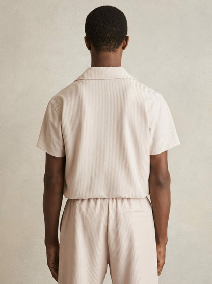 Textured-Knit Cuban-Collar Shirt in Champagne | Reiss Men Popular