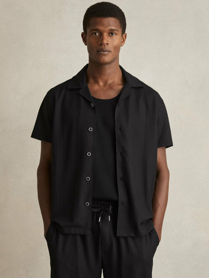 Textured-Knit Cuban-Collar Shirt in Black | Reiss Men New