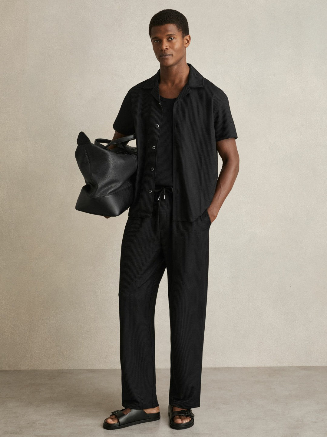 Textured-Knit Cuban-Collar Shirt in Black | Reiss Men New