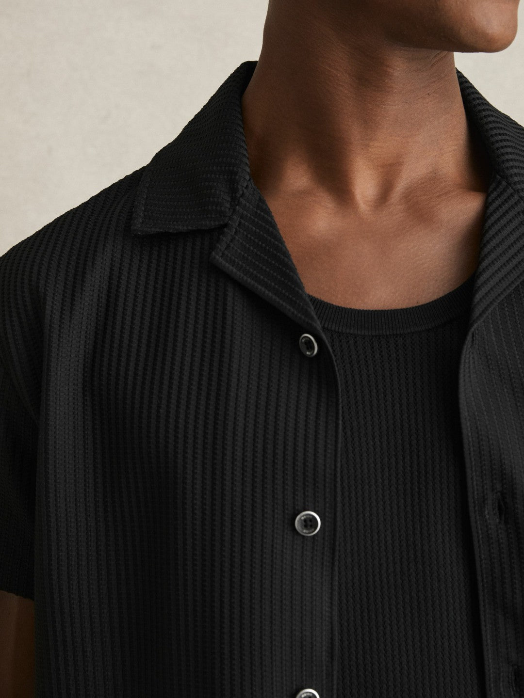 Textured-Knit Cuban-Collar Shirt in Black | Reiss Men New