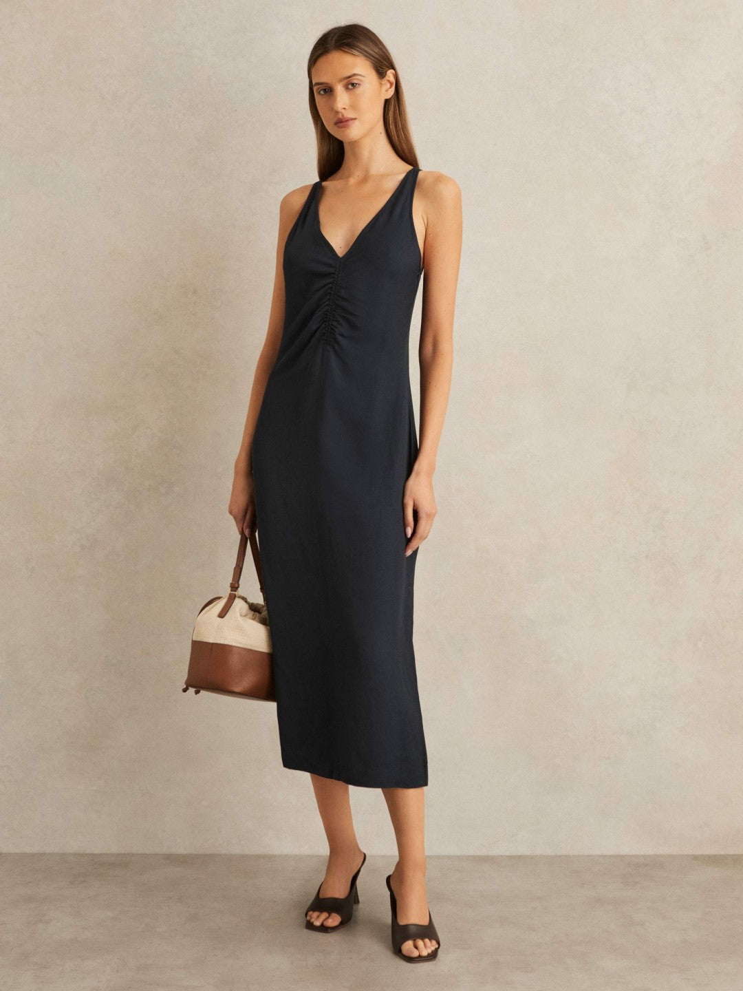Ruched Sleeveless Midi Dress With Linen in Navy | Reiss Women Best Seller