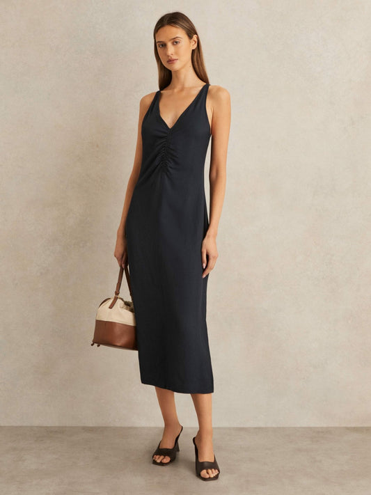 Ruched Sleeveless Midi Dress With Linen in Navy | Reiss Women Best Seller