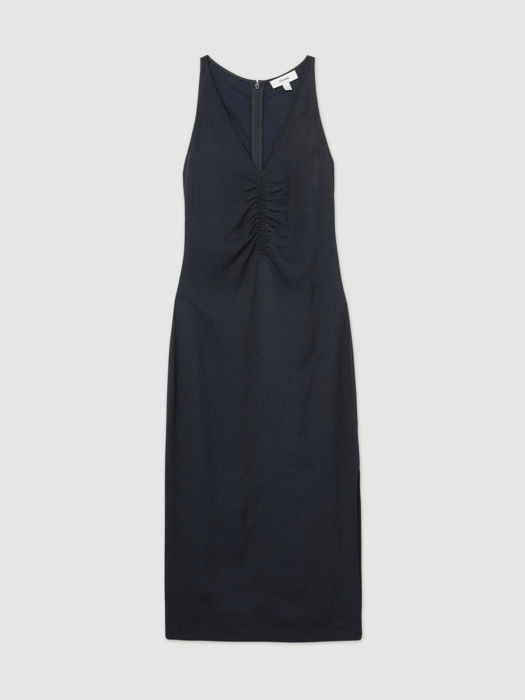 Ruched Sleeveless Midi Dress With Linen in Navy | Reiss Women Best Seller