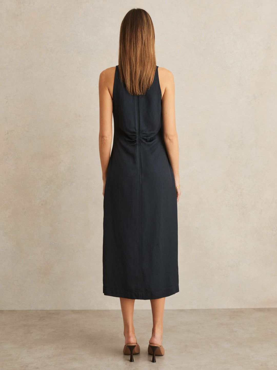 Ruched Sleeveless Midi Dress With Linen in Navy | Reiss Women Best Seller
