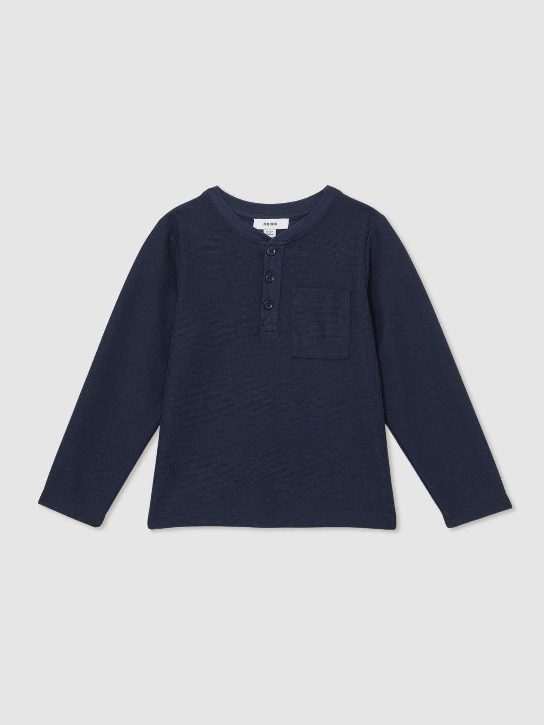 3-9 yrs Cotton-Blend Waffle Henley T-Shirt in Navy | Reiss Children & Baby Recommended