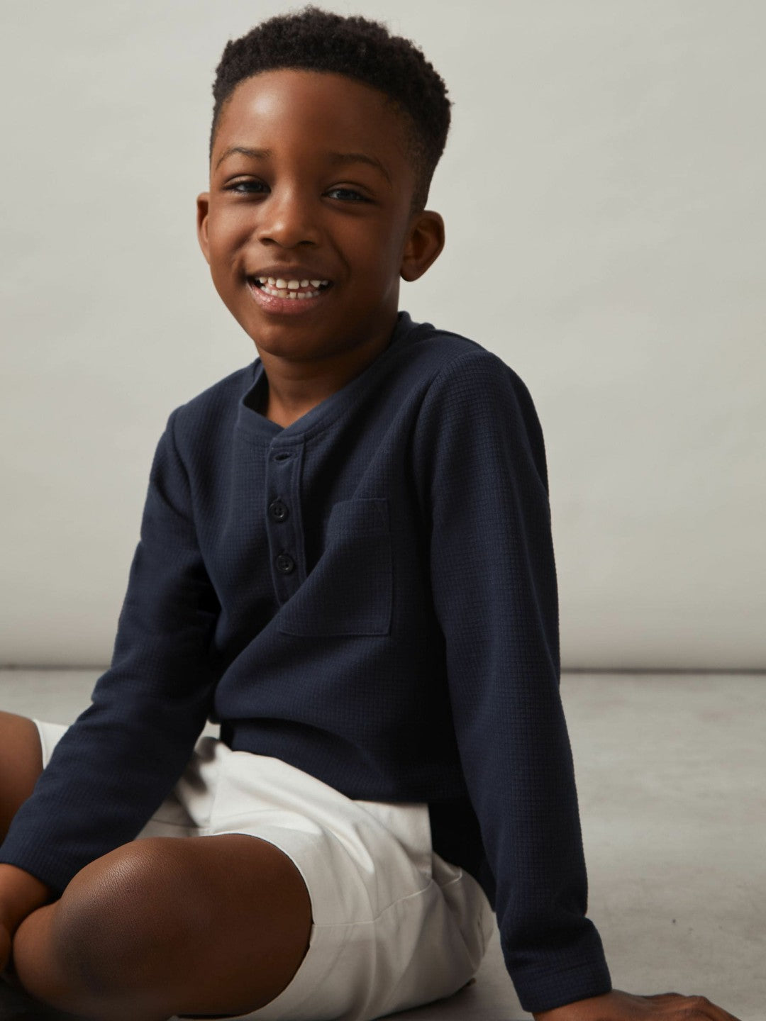 3-9 yrs Cotton-Blend Waffle Henley T-Shirt in Navy | Reiss Children & Baby Recommended