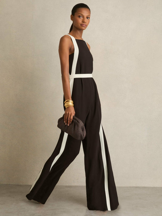 Colourblock Wide Leg Belted Jumpsuit in Chocolate/Cream | Reiss Women Exclusive