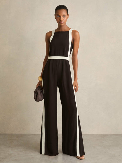 Colourblock Wide Leg Belted Jumpsuit in Chocolate/Cream | Reiss Women Exclusive