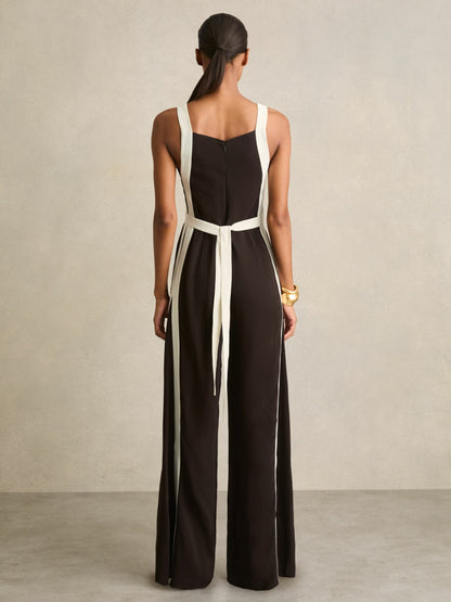 Colourblock Wide Leg Belted Jumpsuit in Chocolate/Cream | Reiss Women Exclusive