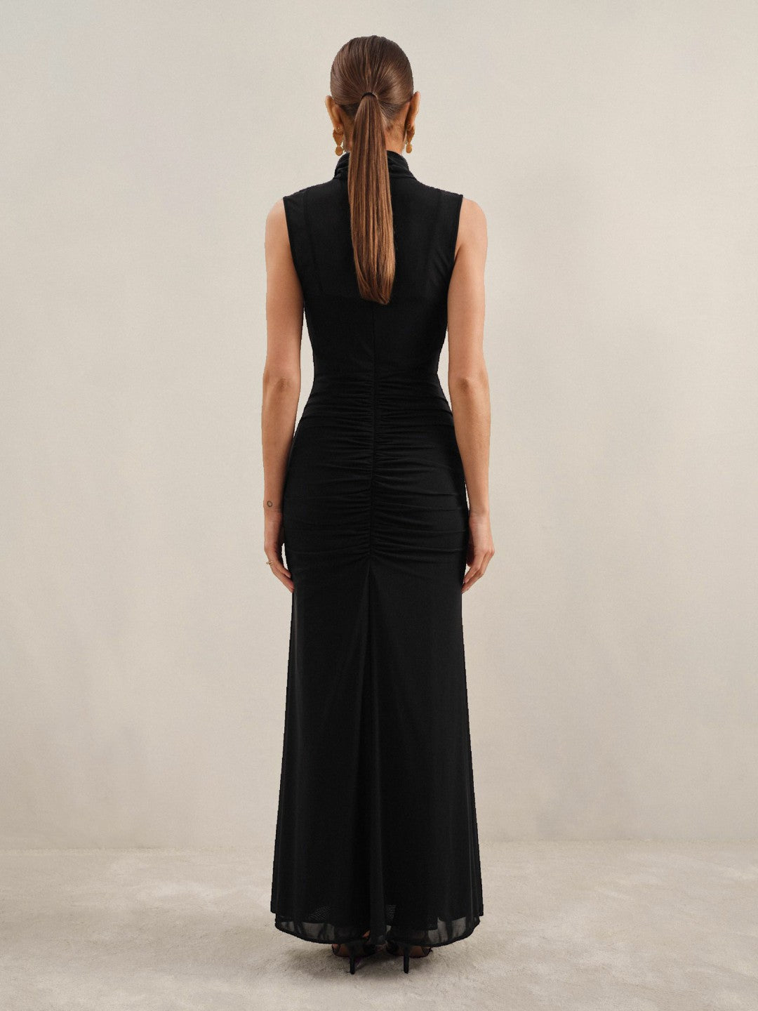 Sheer Ruched Maxi Dress in Black | Reiss Women Exclusive