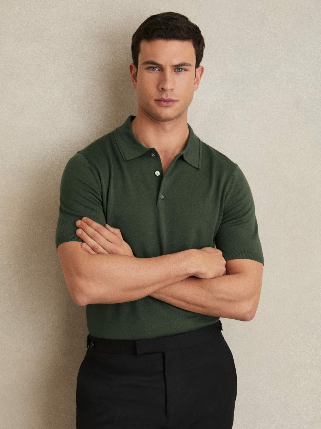 Merino Wool Short-Sleeve Polo Shirt in Kale Green | Reiss Men Signature