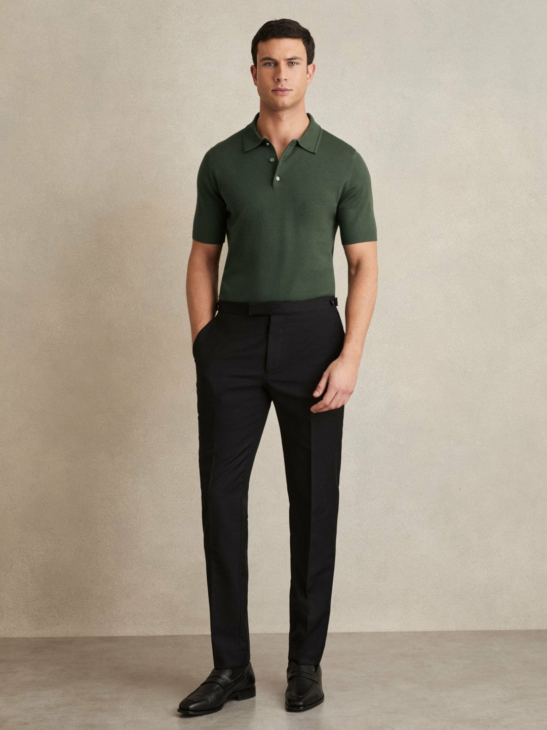 Merino Wool Short-Sleeve Polo Shirt in Kale Green | Reiss Men Signature