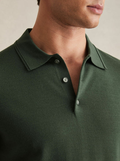 Merino Wool Short-Sleeve Polo Shirt in Kale Green | Reiss Men Signature