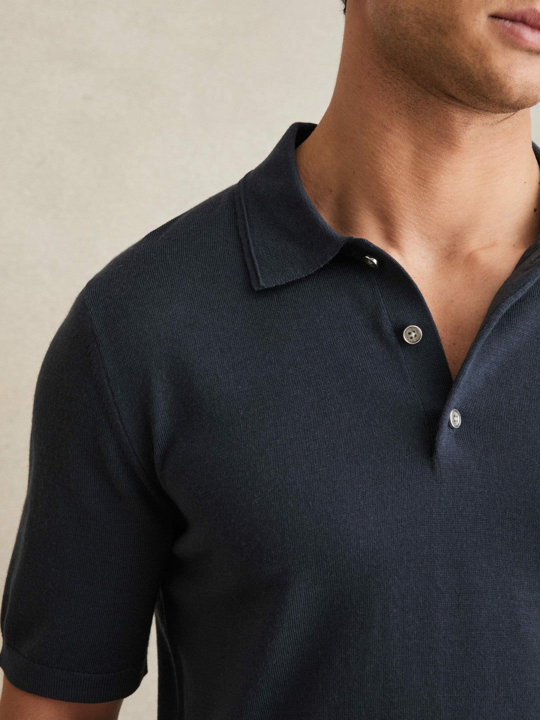 Merino Wool Short-Sleeve Polo Shirt in Midnight Navy | Reiss Men Exclusive