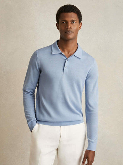 Merino Wool Long-Sleeve Polo Shirt in Soft Blue | Reiss Men Featured
