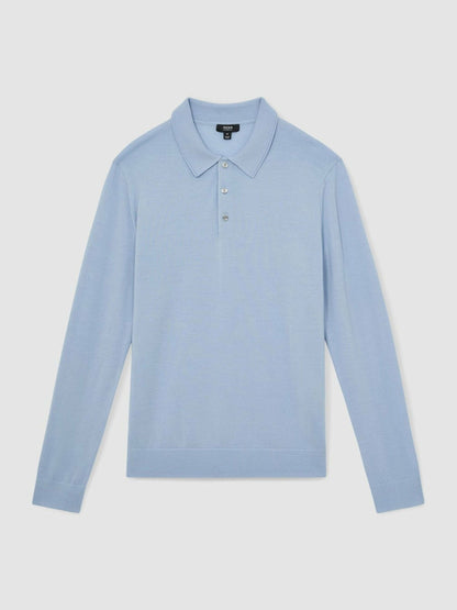 Merino Wool Long-Sleeve Polo Shirt in Soft Blue | Reiss Men Featured