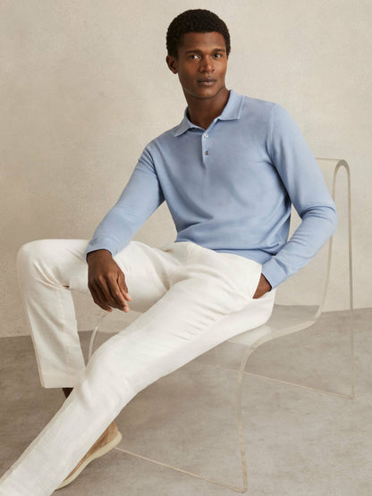Merino Wool Long-Sleeve Polo Shirt in Soft Blue | Reiss Men Featured