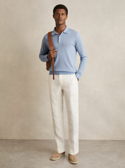 Merino Wool Long-Sleeve Polo Shirt in Soft Blue | Reiss Men Featured