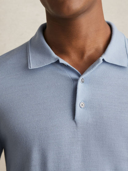 Merino Wool Long-Sleeve Polo Shirt in Soft Blue | Reiss Men Featured