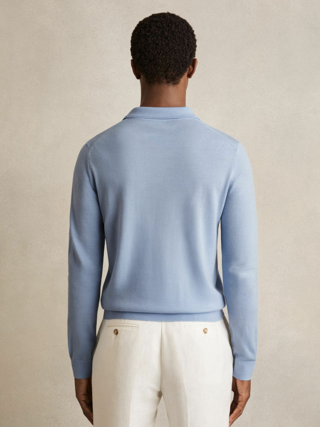 Merino Wool Long-Sleeve Polo Shirt in Soft Blue | Reiss Men Featured