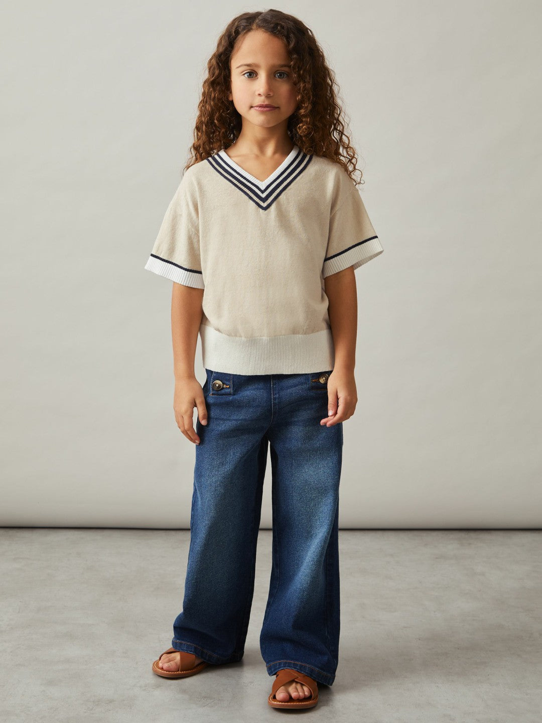 4-9 yrs Cotton-Linen Knit V-Neck Cricket Top in Neutral | Reiss Children & Baby Featured