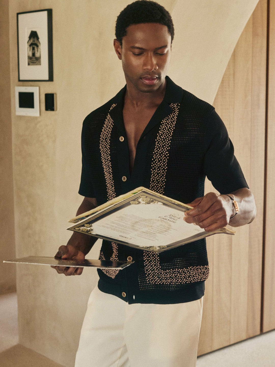 | Ché Beaded Crochet Shirt in Black | Reiss Men Exclusive