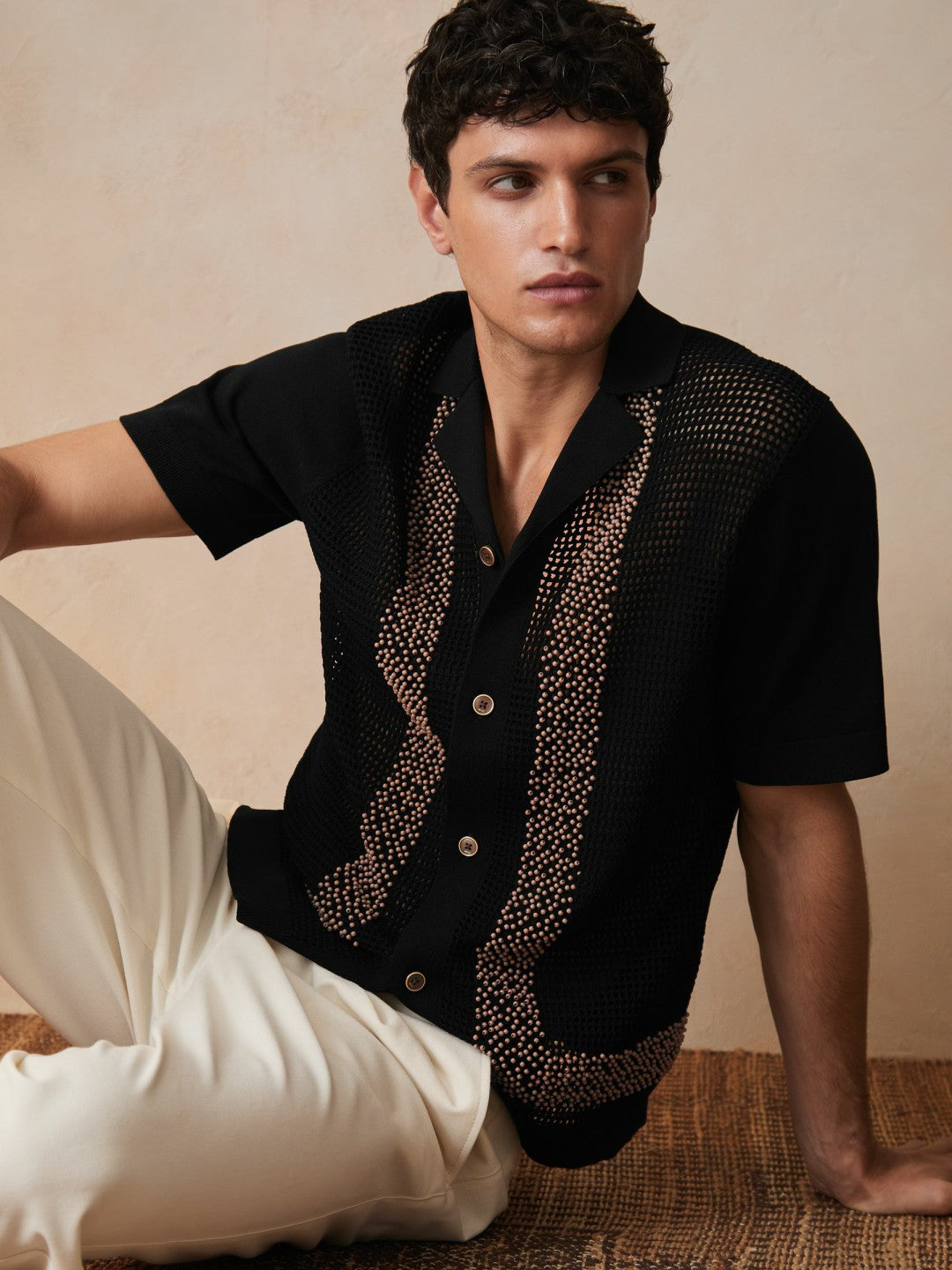 | Ché Beaded Crochet Shirt in Black | Reiss Men Exclusive