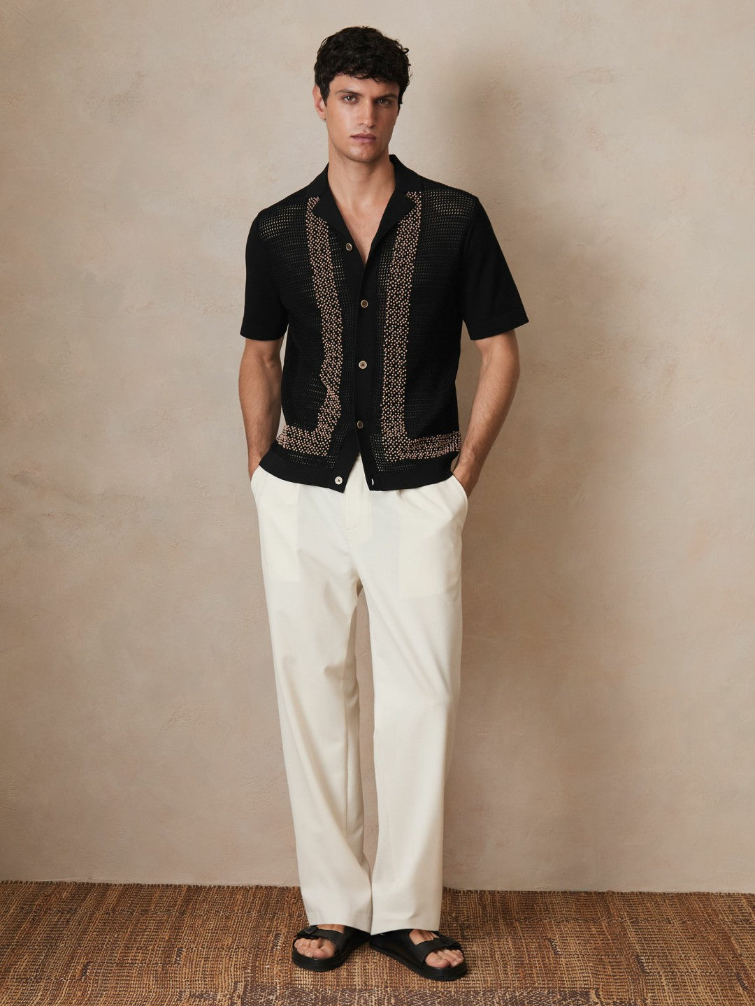 | Ché Beaded Crochet Shirt in Black | Reiss Men Exclusive