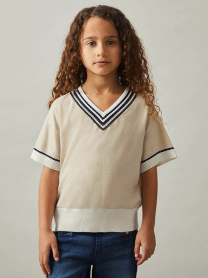 13-14 yrs Cotton-Linen Knit V-Neck Cricket Top in Neutral | Reiss Children & Baby Premium