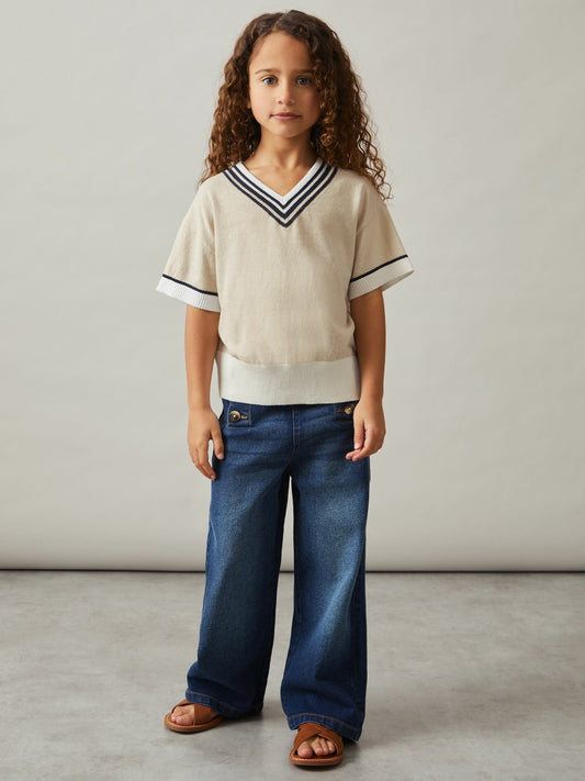 9-13 yrs Cotton-Linen Knit V-Neck Cricket Top in Neutral | Reiss Children & Baby Recommended