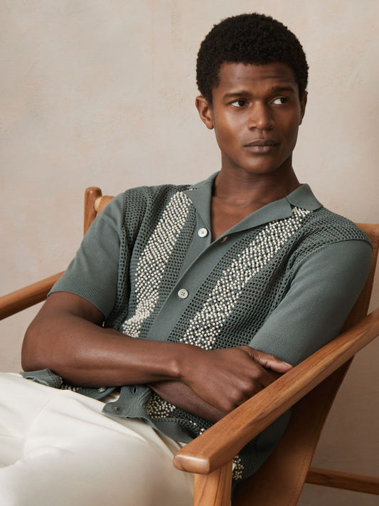 | Ché Beaded Crochet Shirt in Sage | Reiss Men Featured